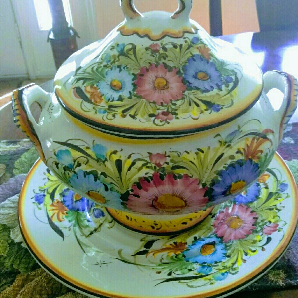 Hand Painted Floral Soup Tureen and Underplate